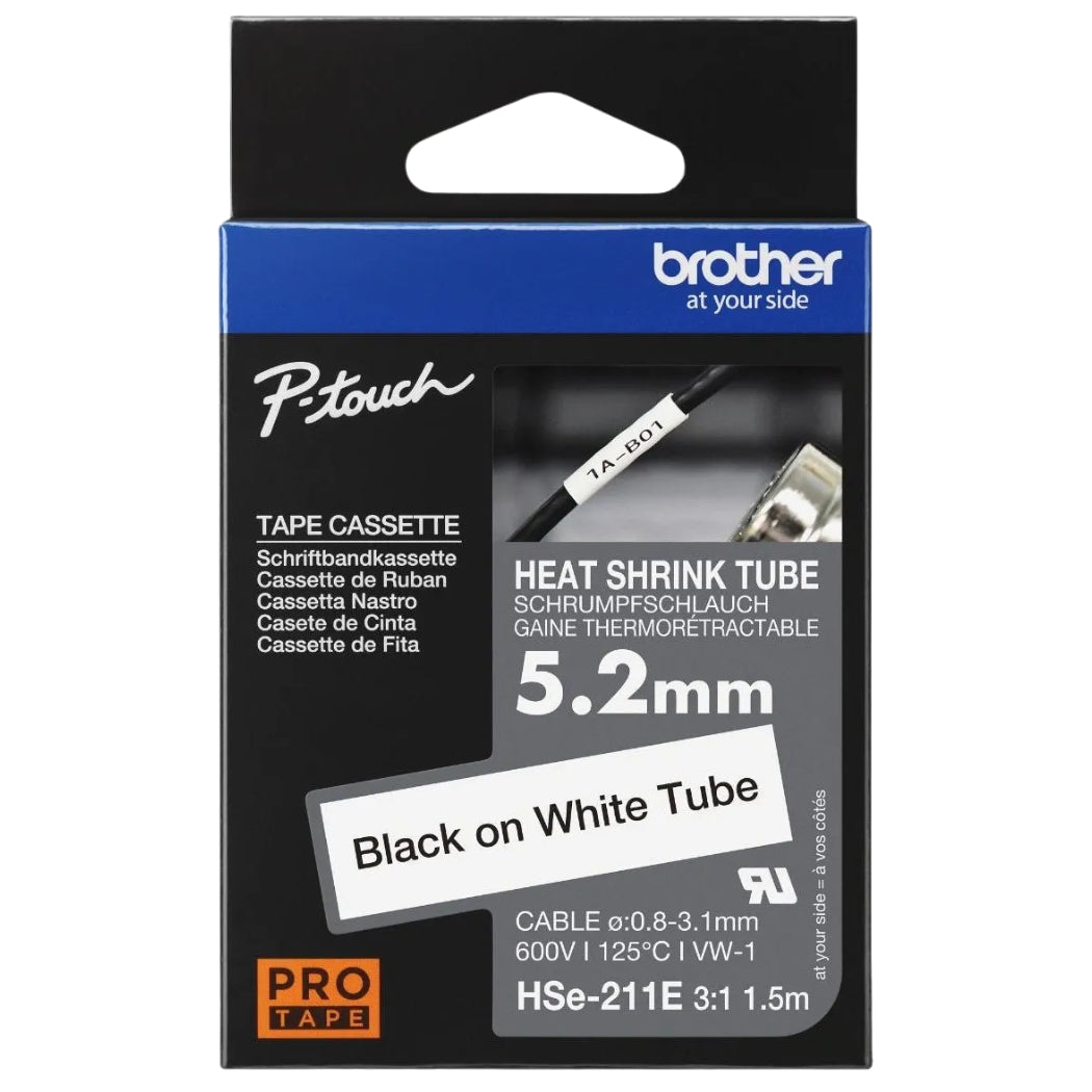 New, Pre-owned, Genuine Brother HSE-211E Heat Shrink Tape, Black On White, 5.22mm x 1.5m