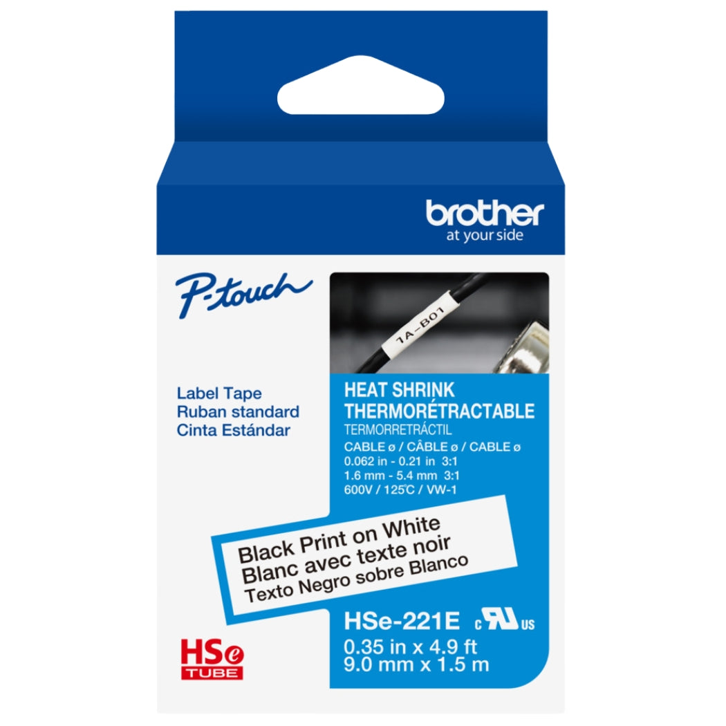 New, Pre-owned, Genuine Brother HSe-221E Heat Shrink Tape, Black On White, 9mm x 1.5m