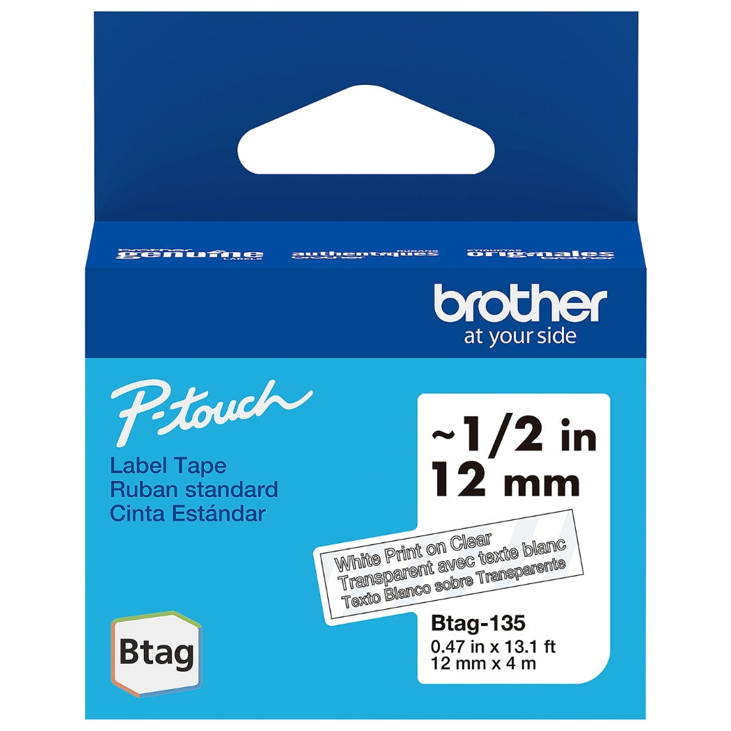 New, Pre-owned, Brother P-Touch Btag BTAG135 White on Clear Label Tape ~1/2in by 13.1ft (12mm x 4m)