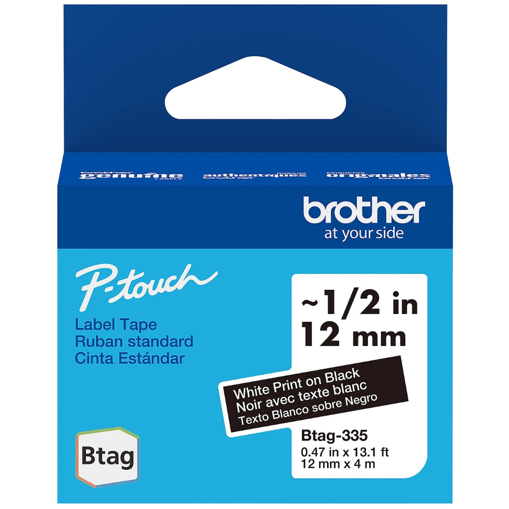 New, Pre-owned, Brother P-Touch Btag BTAG335 White on Black Label Tape ~1/2in by 13.1ft (12mm x 4m)