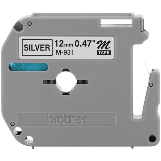 New, Pre-owned, Genuine Brother P-Touch M-931 Tape, 1/2" (0.47") Wide Standard Non-Laminated Tape, Black on Silver, 0.47" x 26.2' (12mm x 8M)