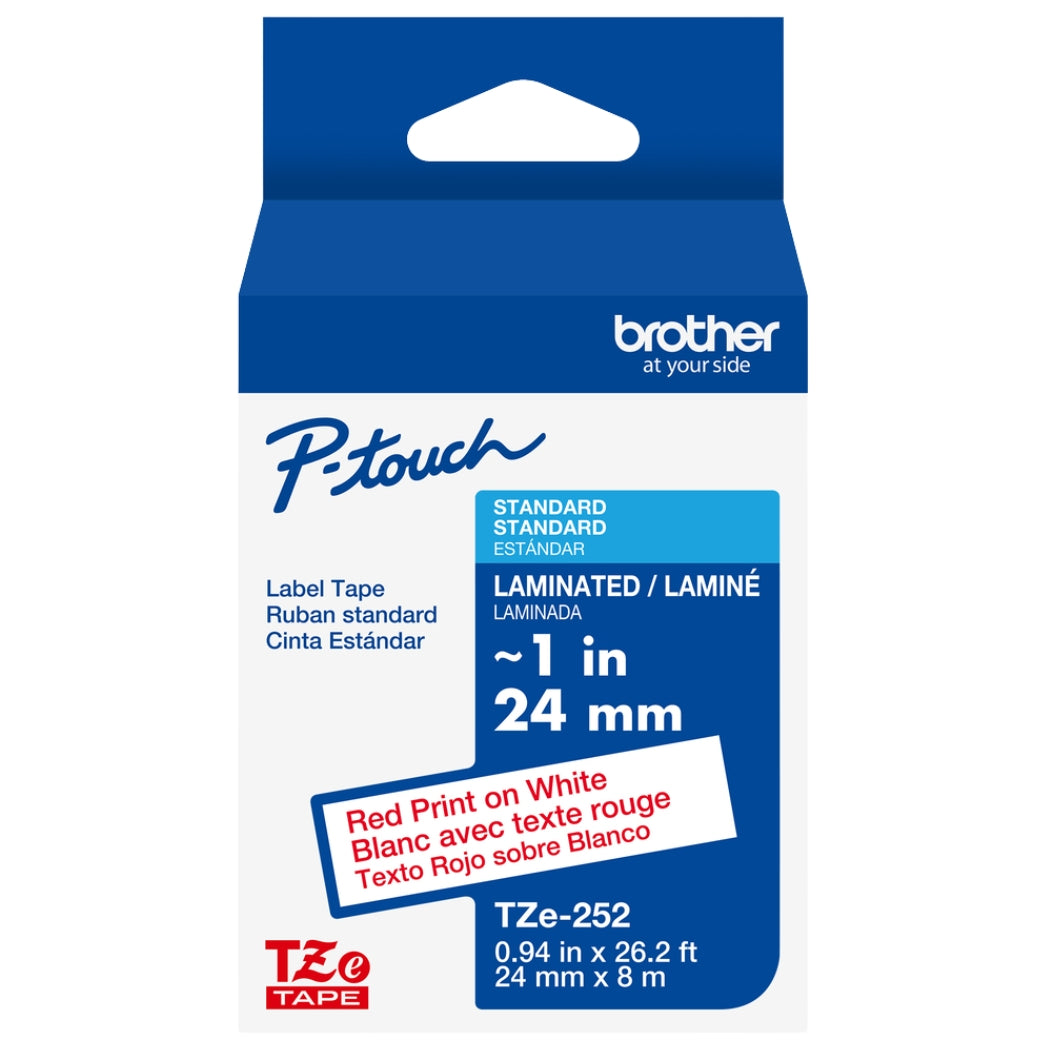 New, Pre-owned, Brother P-Touch TZE-252 Tape, 1" (24 mm) Standard Laminated P-Touch Tape, Red on White, 26.2 ft (8 m)