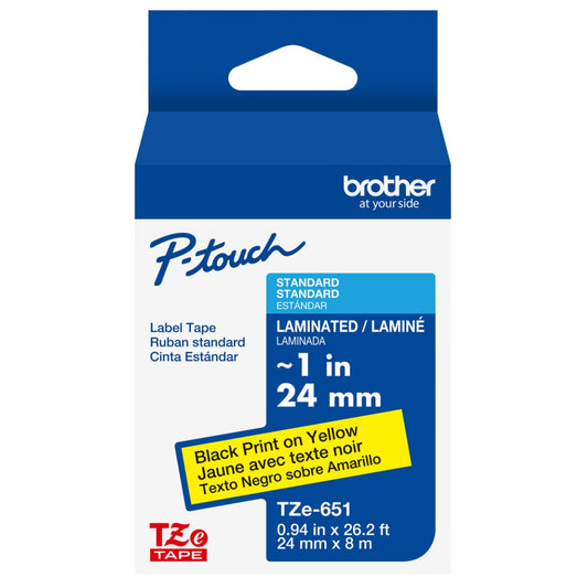 New, Pre-owned, Genuine Brother P-Touch, TZe-651 Extra Strength Adhesive, Black on Yellow Tape 24mm x 8m