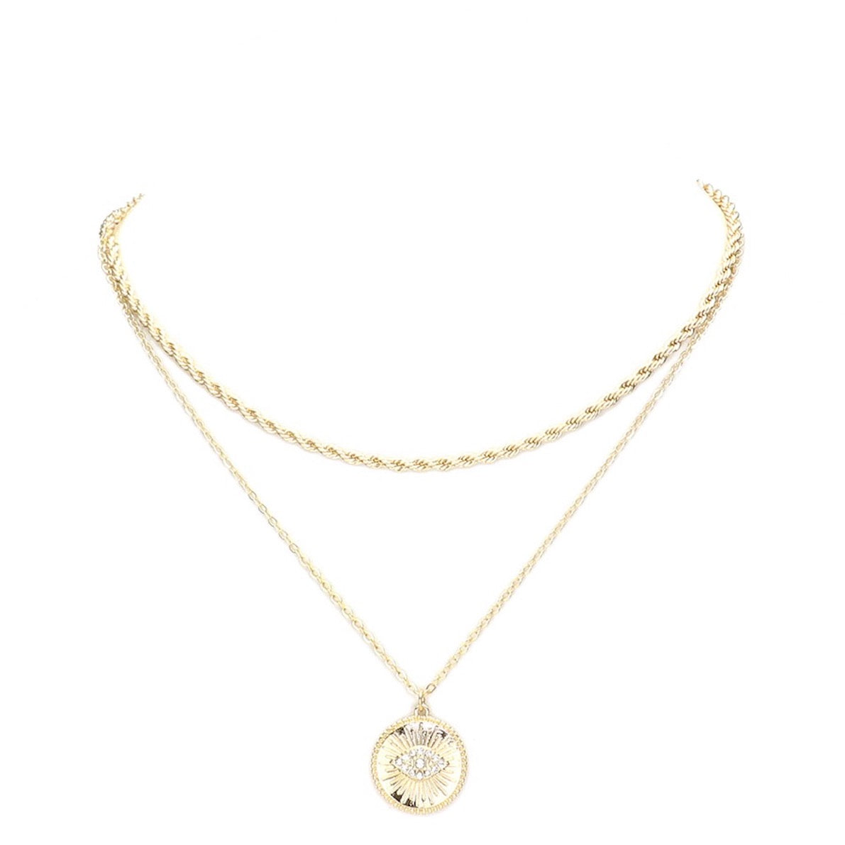 Rhinestone Evil Eye Charm Round Pendant Layer Chain Necklace by Madeline Love