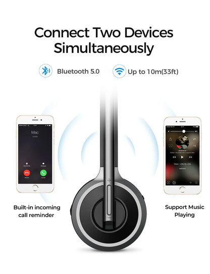1/2 pack Mpow M5 Bluetooth V5.0 Headset Wireless Truck Driver Headphones Hands-free Call Headset with Mic for Call Center Office