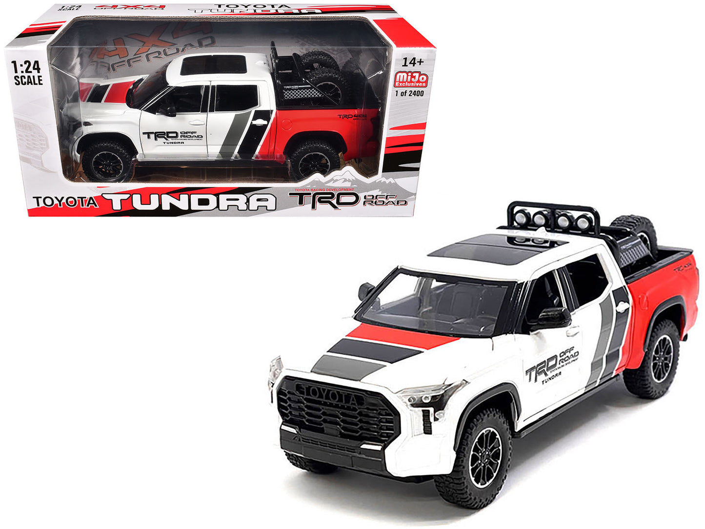 2023 Toyota Tundra TRD 4x4 Pickup Truck White and Red with Black and Gray Stripes with Sunroof and Wheel Rack Limited Edition to 2400 pieces Worldwide 1/24 Diecast Model Car  free shipping USA