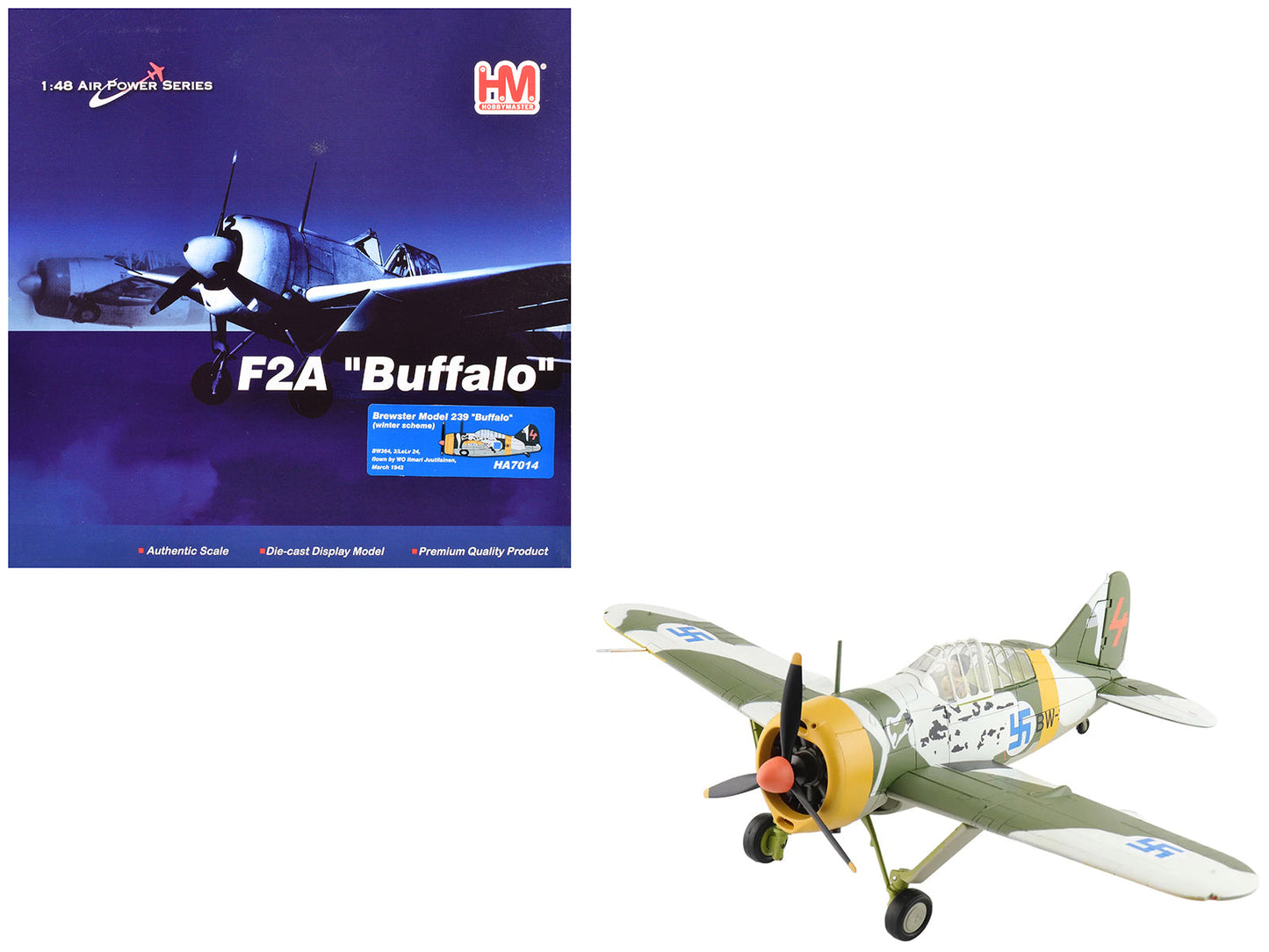 Brewster F2A Model 239 "Buffalo" Fighter Aircraft "BW364 LeLv 24 flown by Warrant Officer Ilmari Juutilainen" (1942) Finnish Air Force "Air Power Series" 1/48 Diecast Model by Hobby Master  free shipping USA