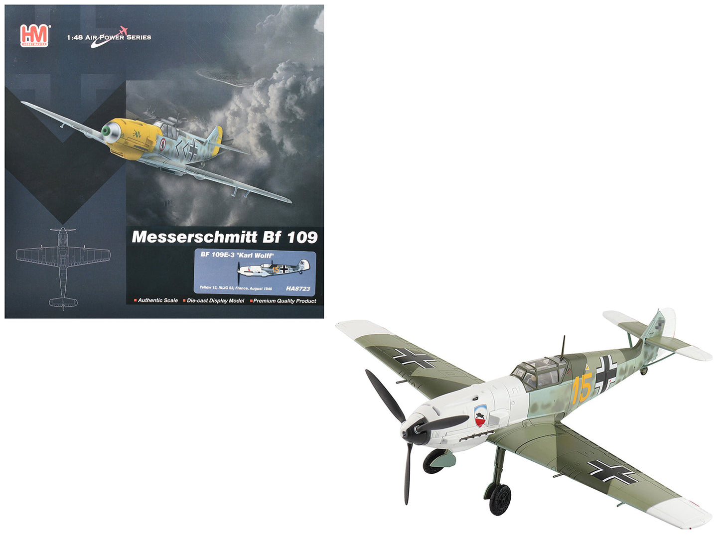 Messerschmitt Bf 109E-3 Fighter Aircraft "Yellow 15 Karl Wolff III/JG 52 France" (1940) German Luftwaffe "Air Power Series" 1/48 Diecast Model by Hobby Master  free shipping USA