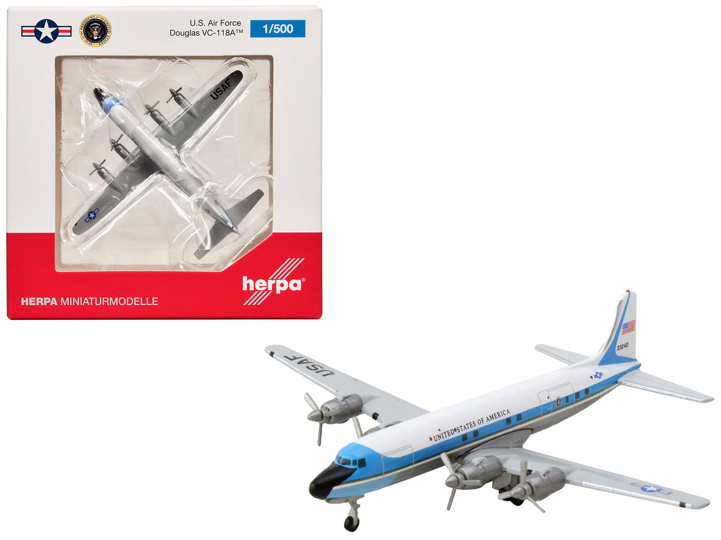 Douglas VC-118A Transport Aircraft "United States Air Force One 1254th Air Transport Wing Andrews Air Base" (53-3240) White with Blue Stripes 1/500 Diecast Model Airplane by Herpa  free shipping USA