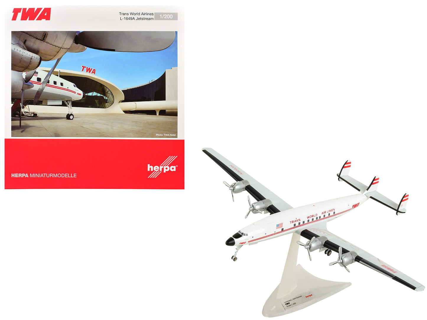 Lockheed L-1649A Jetstream Commercial Aircraft "TWA (Trans World Airlines)" (N8083H) White with Red Stripes 1/200 Diecast Model Airplane by Herpa  free shipping USA