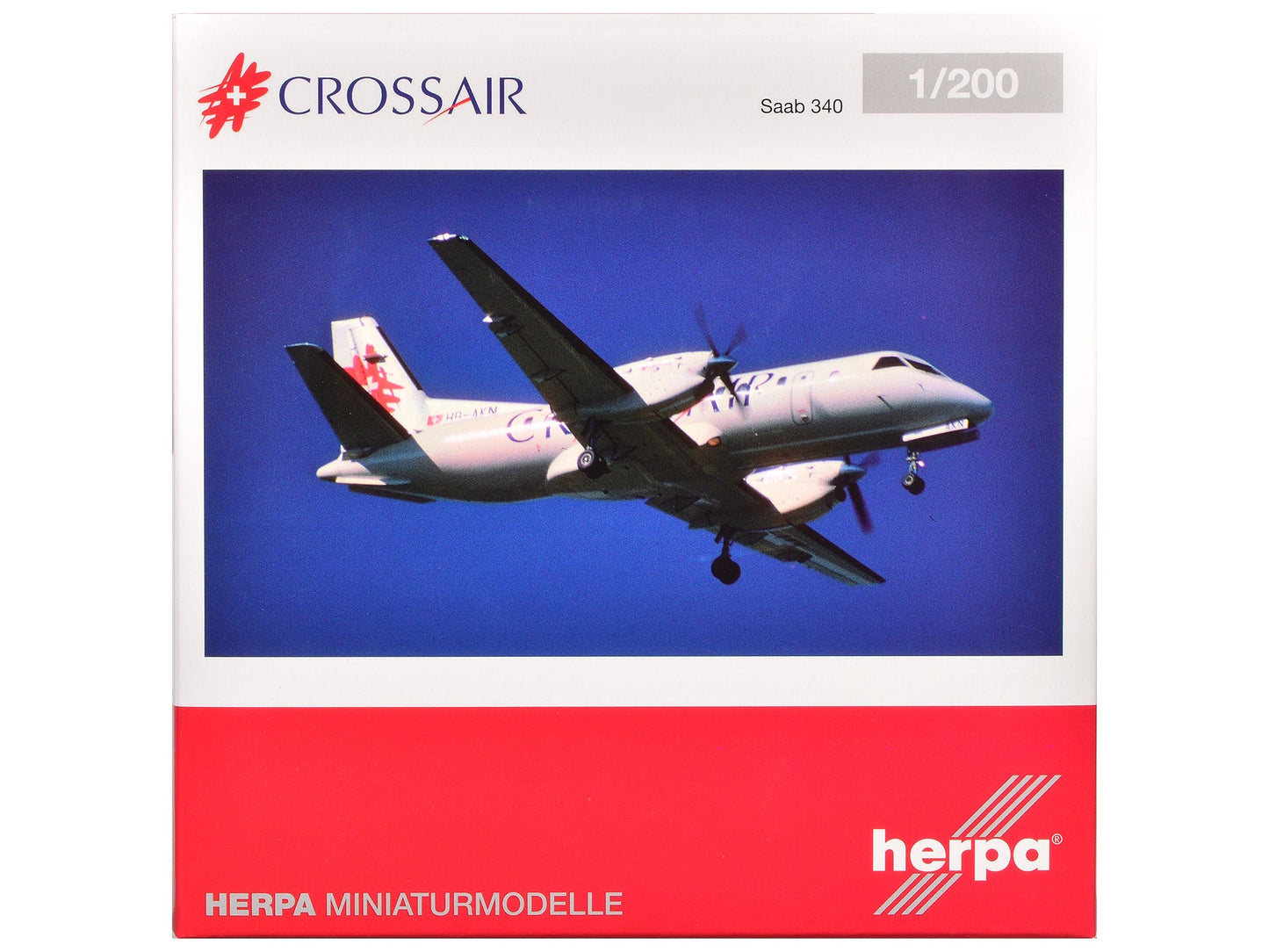 Saab 340 Commercial Aircraft "Crossair" (HB-AKN) White with Tail Graphics 1/200 Diecast Model Airplane by Herpa  free shipping USA