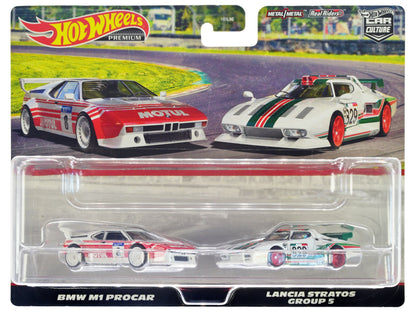 BMW M1 Procar #8 White with Red Stripes and Lancia Stratos Group 5 #829 White with Stripes "Car Culture" Set of 2 Cars Diecast Model Cars by Hot Wheels  free shipping USA