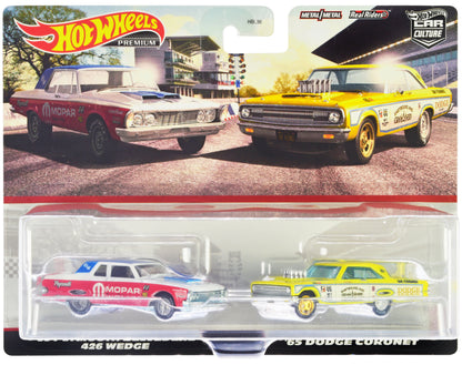 1963 Plymouth Belvedere 426 Wedge "MOPAR" White and Red with Blue Top and 1965 Dodge Coronet "Eastbound and Crowned" Yellow and White "Car Culture" Set of 2 Cars Diecast Model Cars by Hot Wheels  free shipping USA