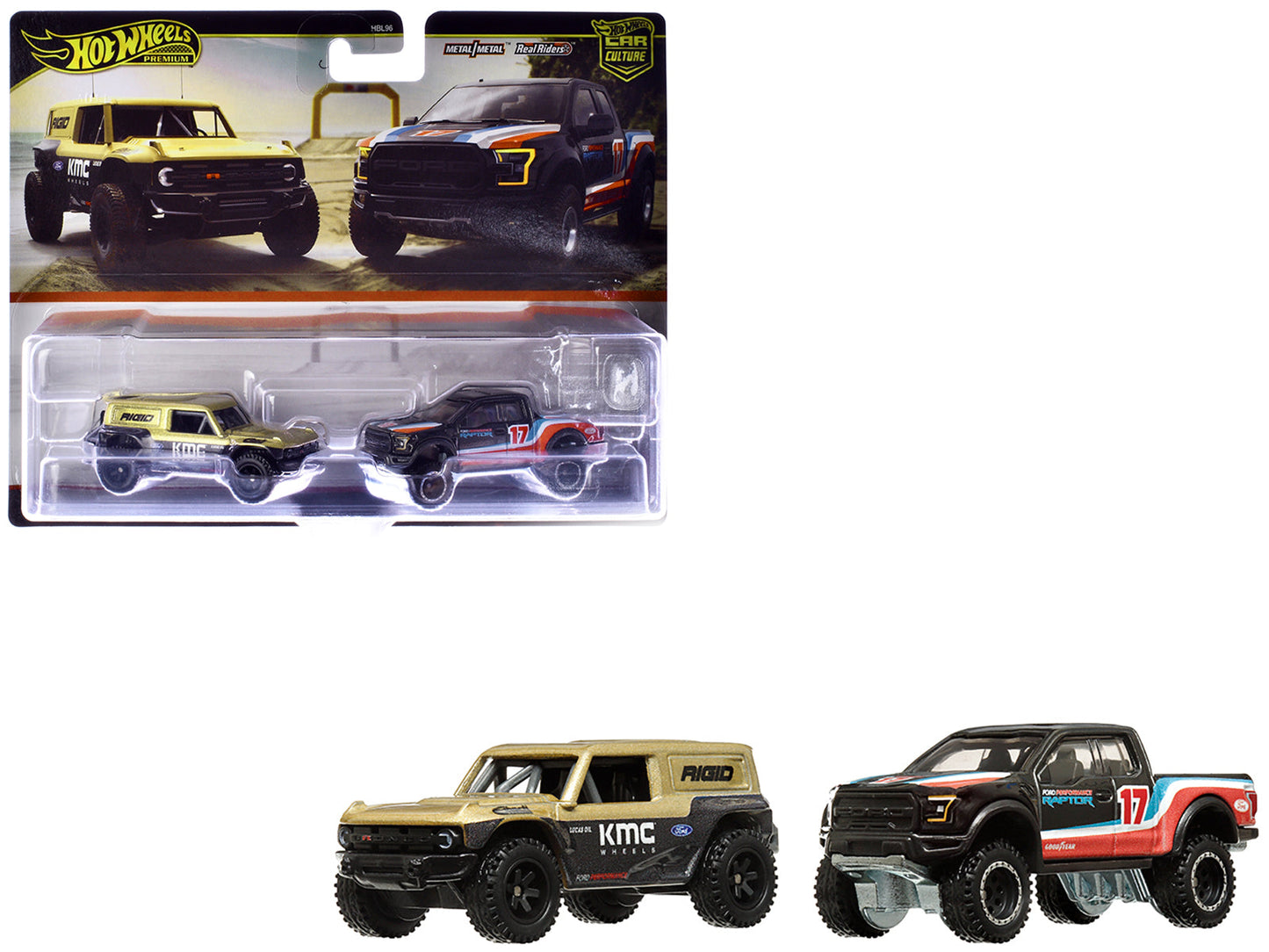 Ford Bronco R Gold Metallic and Black and 2017 Ford F-150 Raptor Pickup Truck #17 Black with Stripes "Car Culture" Set of 2 Cars Diecast Model Cars by Hot Wheels  free shipping USA