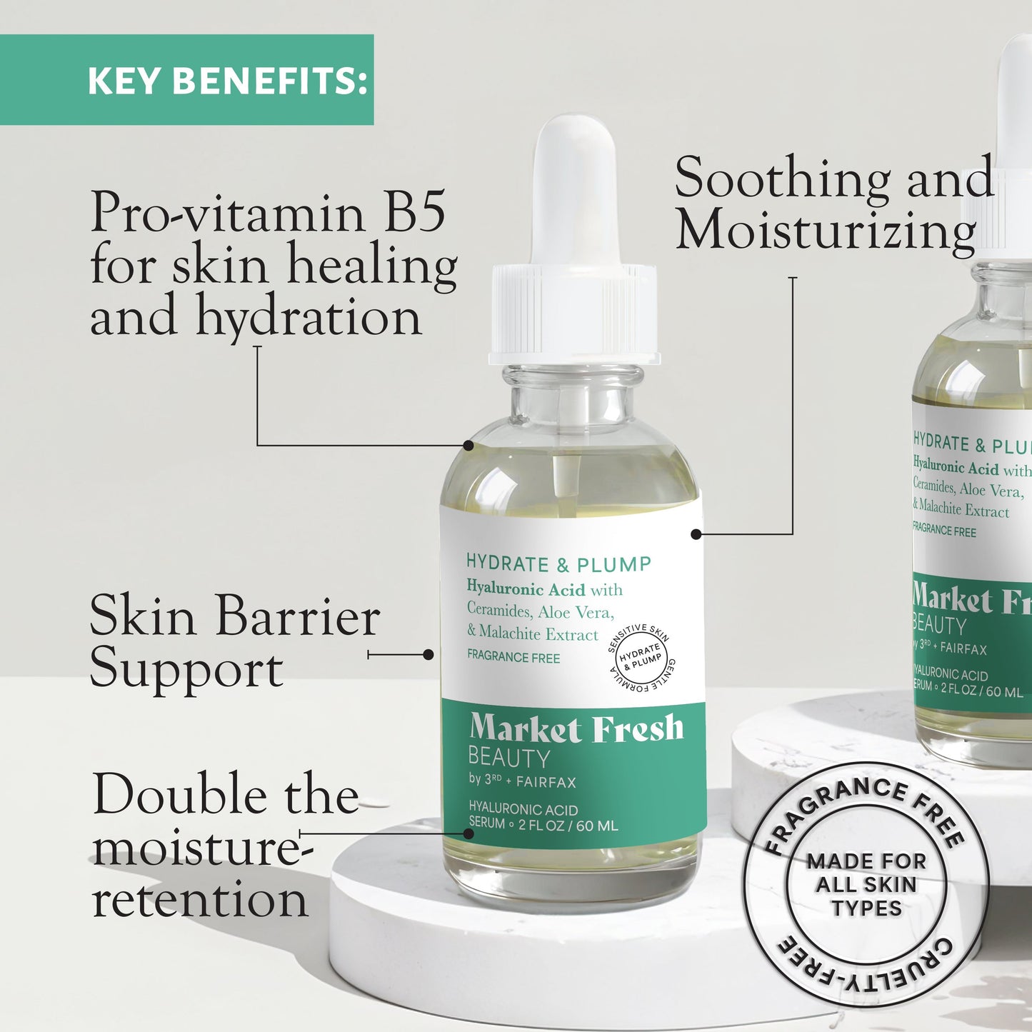 Market Fresh Beauty Hyaluronic Acid Serum - Hydrate & Plump with Ceramides, Aloe Vera, & Malachite Extract | Fragrance-Free | 2 fl oz by  Los Angeles Brands