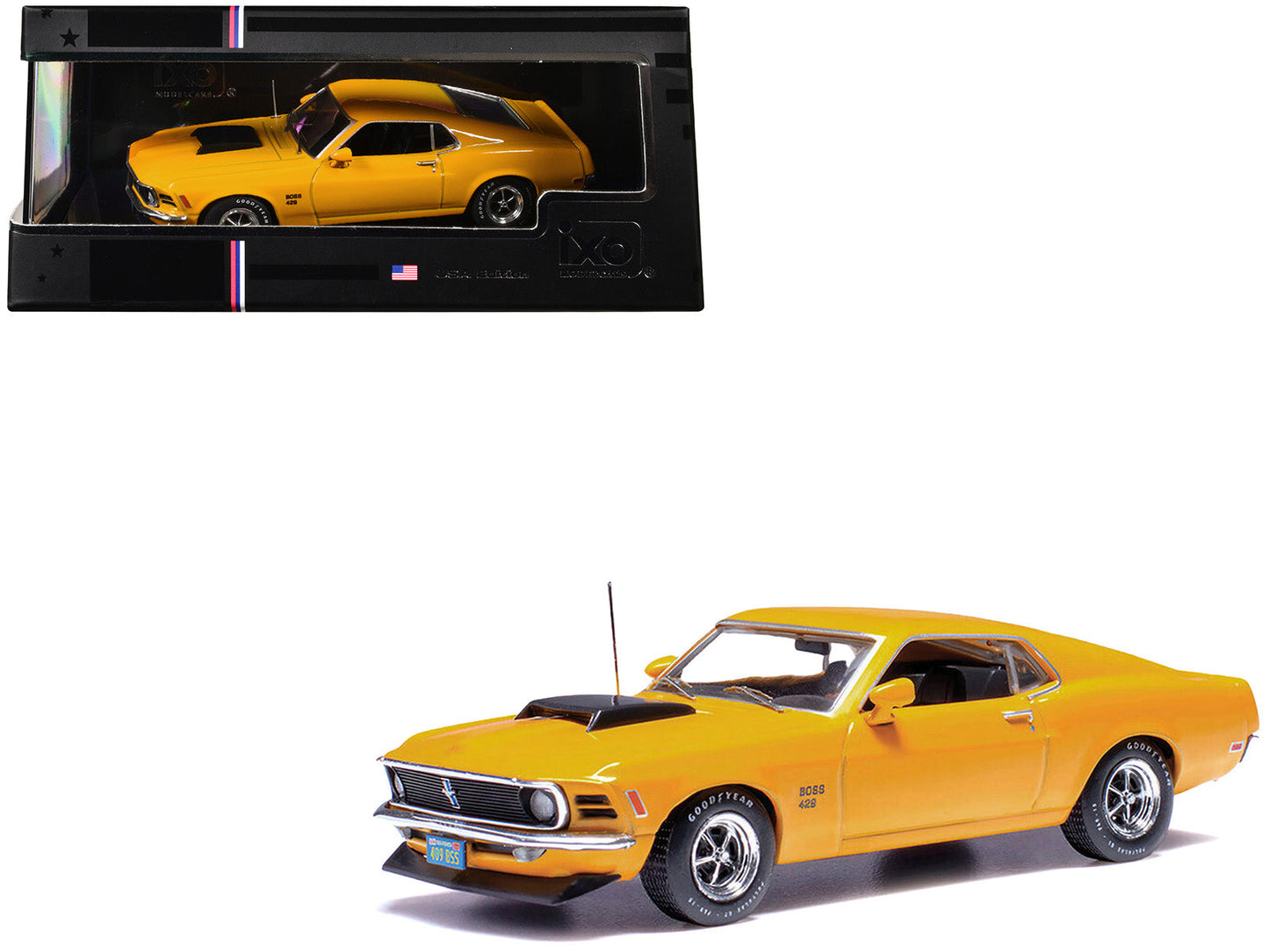 1970 Ford Mustang Boss 429 Bright Yellow with Black Hood Scoop 1/43 Diecast Model Car by IXO Models  free shipping USA