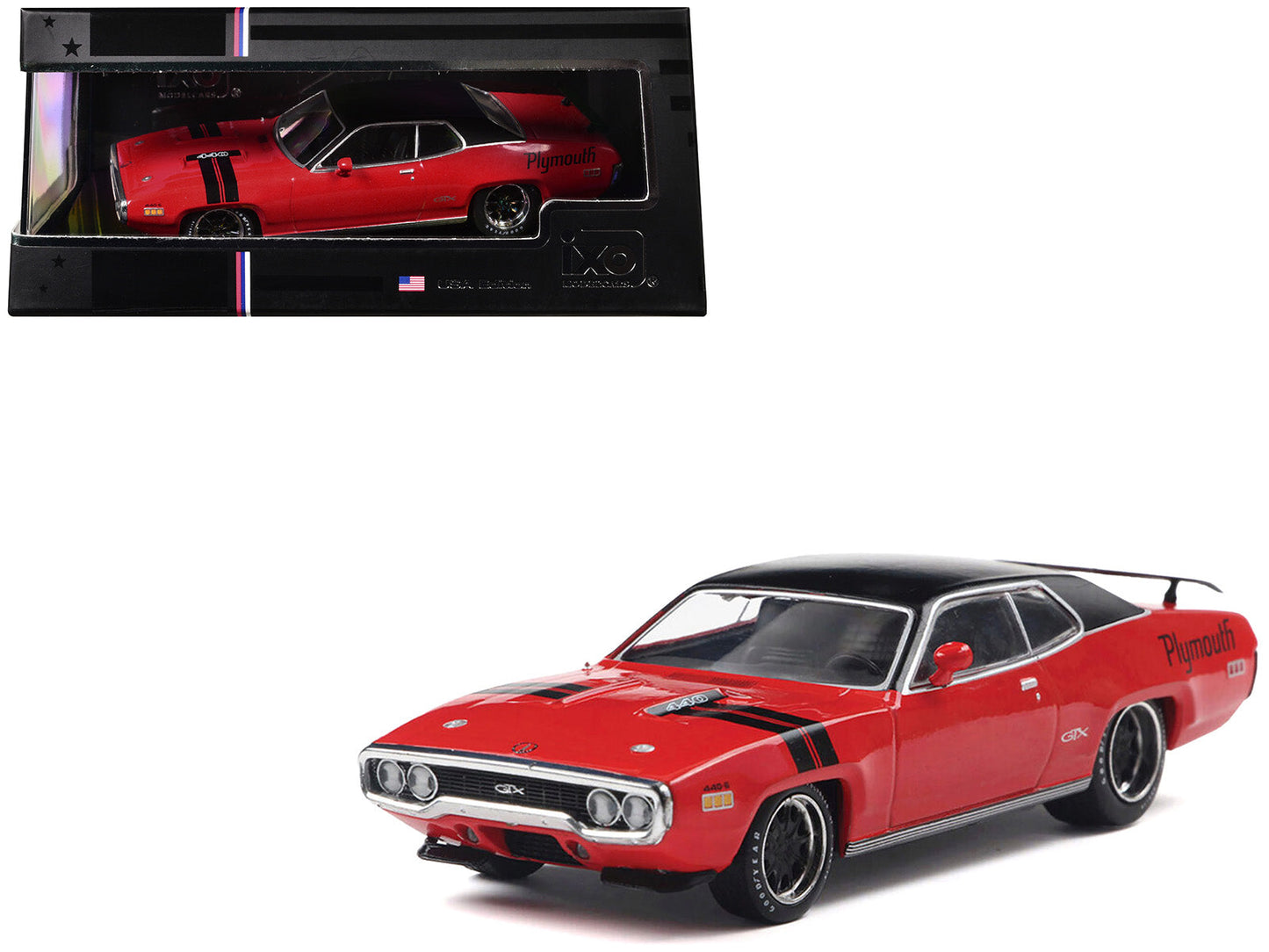 1971 Plymouth GTX Rally Red with Black Top and Stripes 1/43 Diecast Model by IXO Models  free shipping USA
