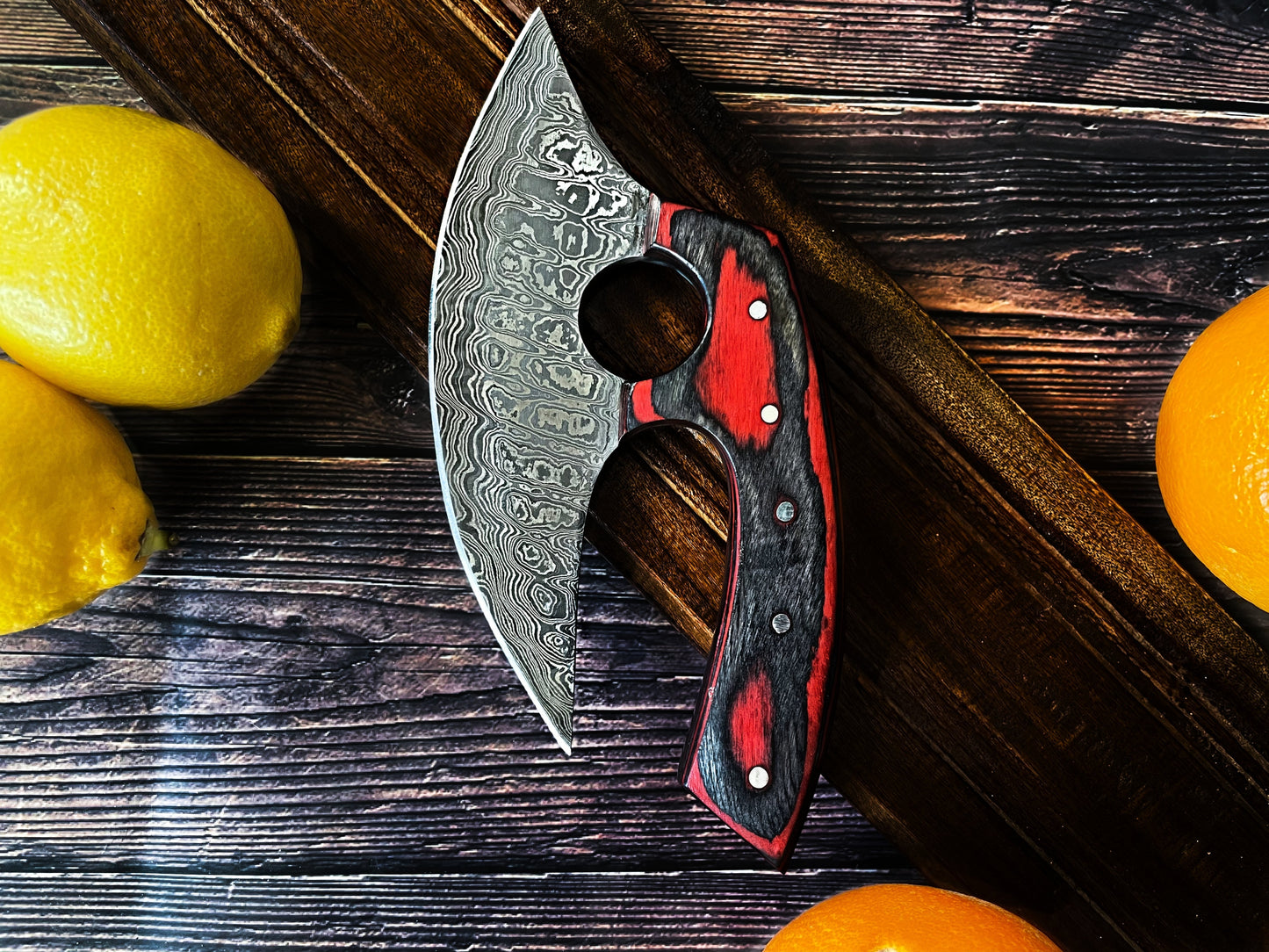 Custom Alaskan Ulu style blade, perfect for outdoors and indoor use, diamond wood (red and black) by Titan International Knives