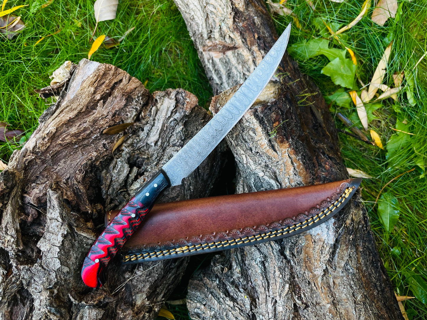 Damascus Steel Custom Flay Knife with Craved Grips TK-051 by Titan International Knives