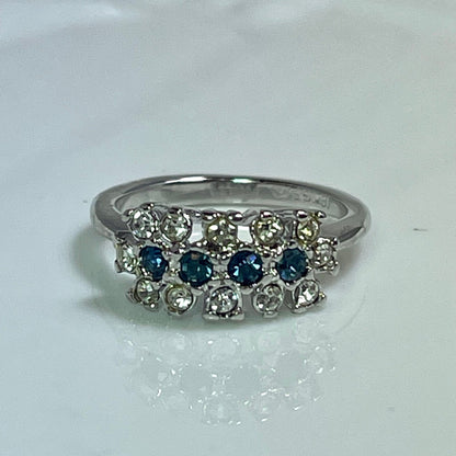 Vintage Ring Emerald or Sapphire and Clear Austrian Crystals 18k Gold Electroplated Cluster Made in USA by PVD Vintage Jewelry