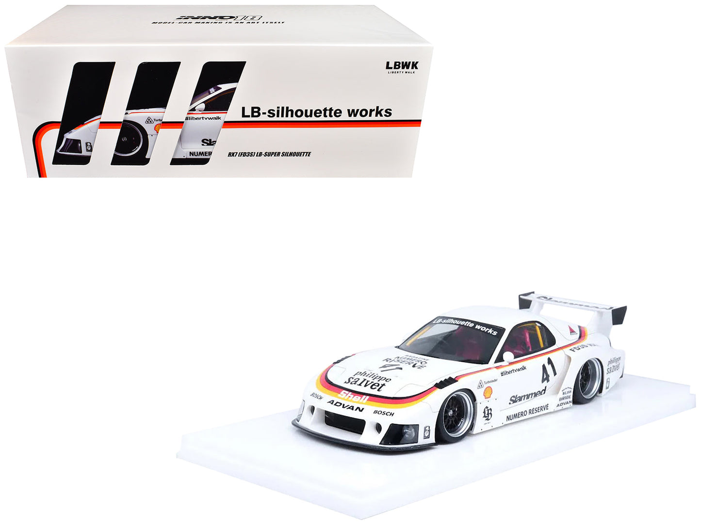 Mazda RX7 (FD3S) LB-Super Silhouette RHD (Right Hand Drive) #41 White with Stripes and Graphics 1/18 Model Car by Inno Models  free shipping USA