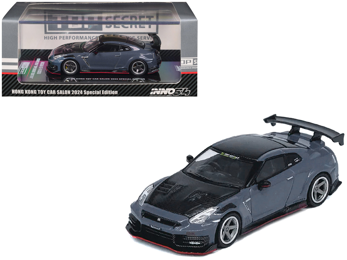 2024 Nissan GT-R (R35) Nismo "Top Secret" RHD (Right Hand Drive) Gray with Carbon Hood and Top "Hong Kong Toy Car Salon 2024 Special Edition" 1/64 Diecast Model Car by Inno Models  free shipping USA