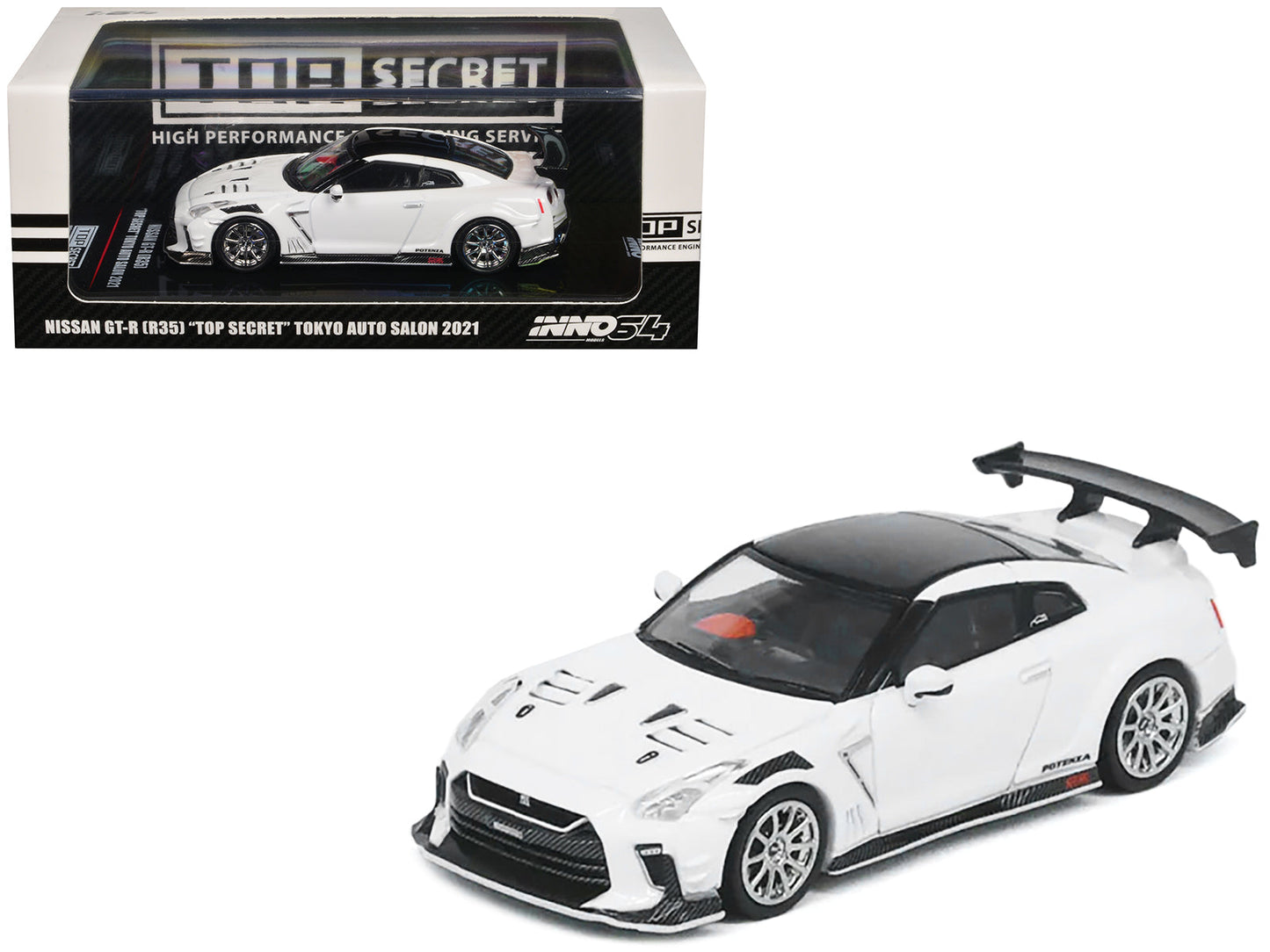 Nissan GT-R (R35) "Top Secret" RHD (Right Hand Drive) White with Black Top "Tokyo Auto Salon 2021" 1/64 Diecast Model Car by Inno Models  free shipping USA