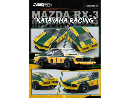 Mazda RX-3 Savanna RHD (Right Hand Drive) #1 "Katayama Racing Livery" Green and Yellow Striped 1/64 Diecast Model Car by Inno Models