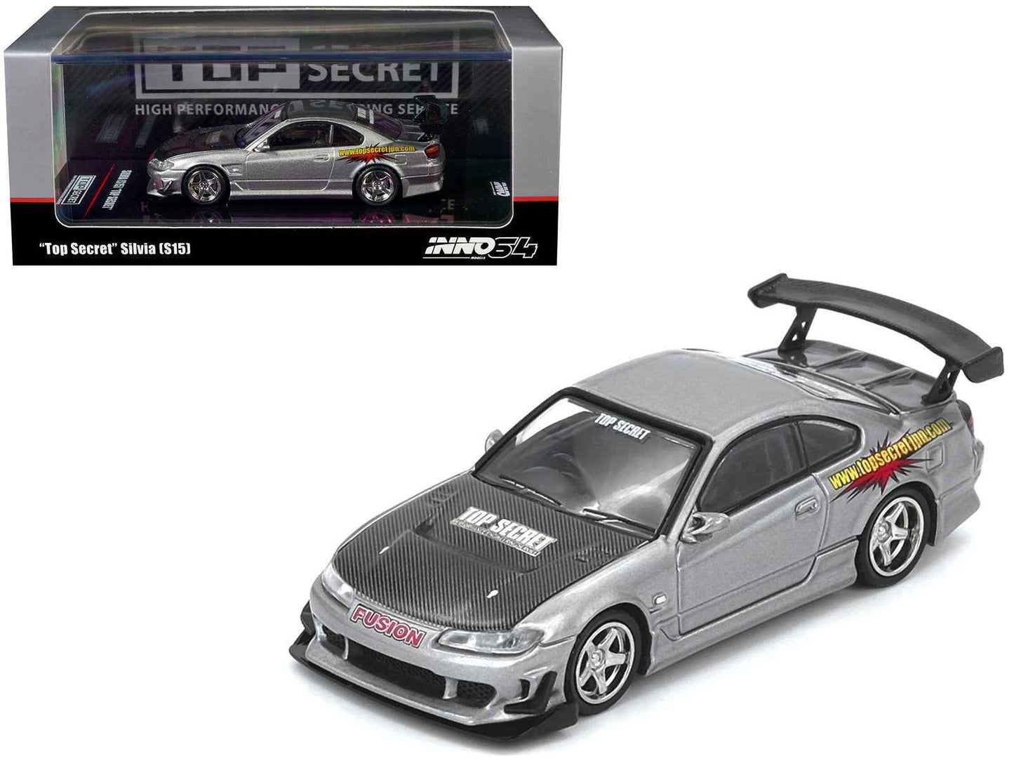 Nissan "Top Secret" Silvia (S15) RHD (Right Hand Drive) Silver Metallic with Carbon Hood 1/64 Diecast Model Car by Inno Models