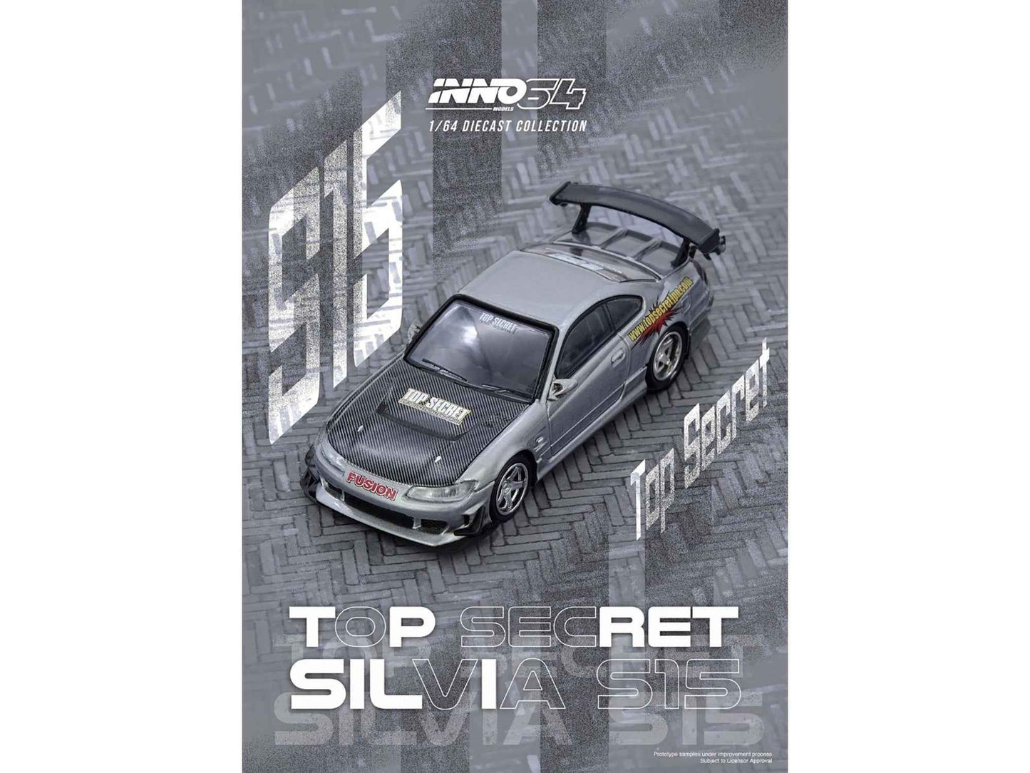 Nissan "Top Secret" Silvia (S15) RHD (Right Hand Drive) Silver Metallic with Carbon Hood 1/64 Diecast Model Car by Inno Models