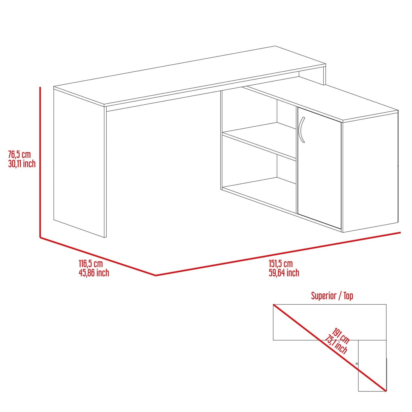 Dallas L-Shaped Home Office Desk, Two Shelves, One Drawer by FM FURNITURE