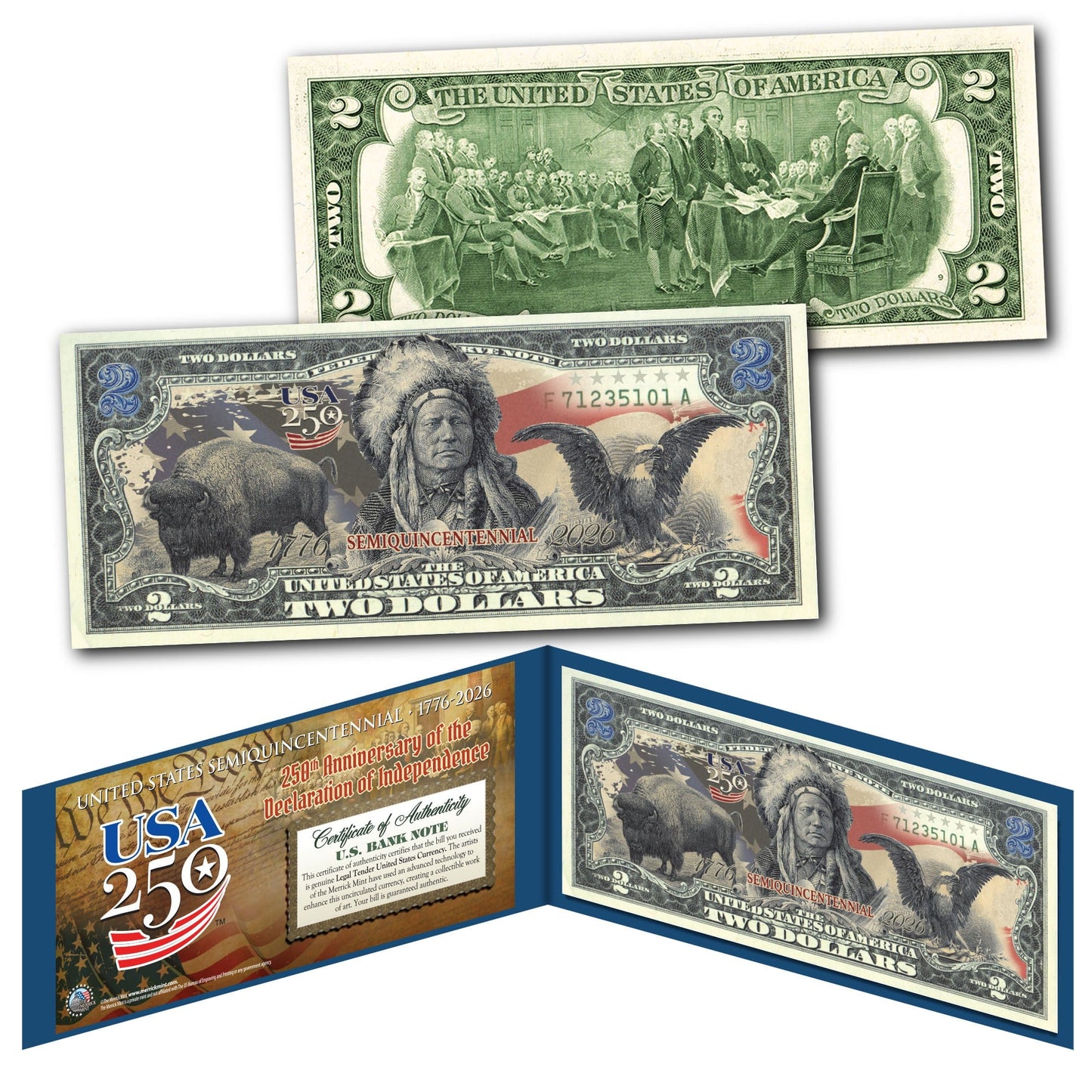 250th Anniversary $2 Bill – Black Eagle, Indian Chief & Bison