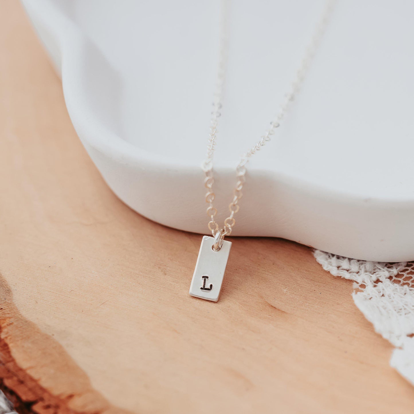 Initial Tiny Rectangle Tag Necklace by Salt and Sparkle