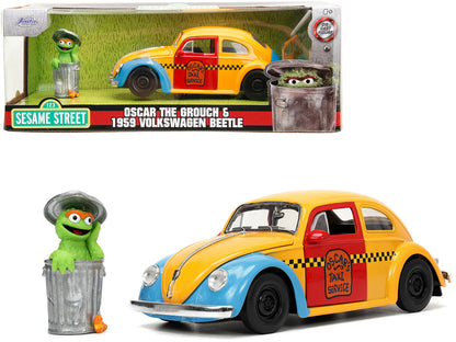 1959 Volkswagen Beetle Taxi Yellow and Blue "Oscar's Taxi Service" and Oscar the Grouch Diecast Figure "Sesame Street" "Hollywood Rides" Series 1/24 Diecast Model Car by Jada  free shipping USA