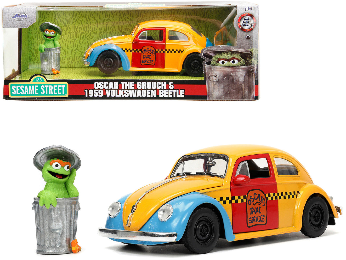 1959 Volkswagen Beetle Taxi Yellow and Blue "Oscar's Taxi Service" and Oscar the Grouch Diecast Figure "Sesame Street" "Hollywood Rides" Series 1/24 Diecast Model Car by Jada  free shipping USA