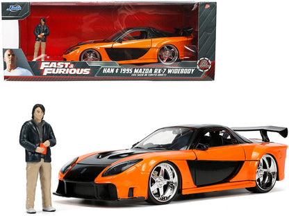 1995 Mazda RX-7 Widebody RHD (Right Hand Drive) Orange Metallic and Black with Han Diecast Figurine "The Fast and the Furious: Tokyo Drift" (2006) Movie 1/24 Diecast Model Car by Jada  free shipping USA