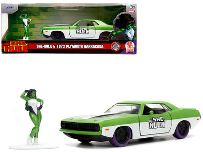 1973 Plymouth Barracuda Green Metallic and White and She-Hulk Diecast Figure "The Savage She-Hulk" "Hollywood Rides" Series 1/32 Diecast Model Car by Jada  free shipping USA