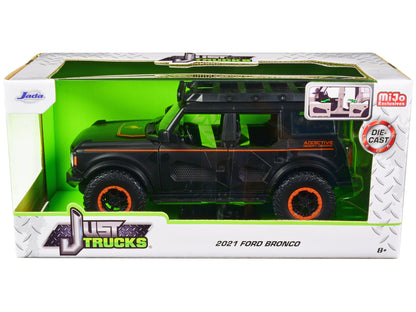 2021 Ford Bronco Matt Black with Orange Stripes and Roof Rack "Addictive Desert Designs" "Just Trucks" Series 1/24 Diecast Model Car by Jada  free shipping USA