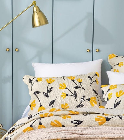DaDalogy Bedding Yellow Fleur Floral Golden Orange Ivory Botanical Quilted Scalloped Pillow Sham (18112) by DaDa Bedding Collection