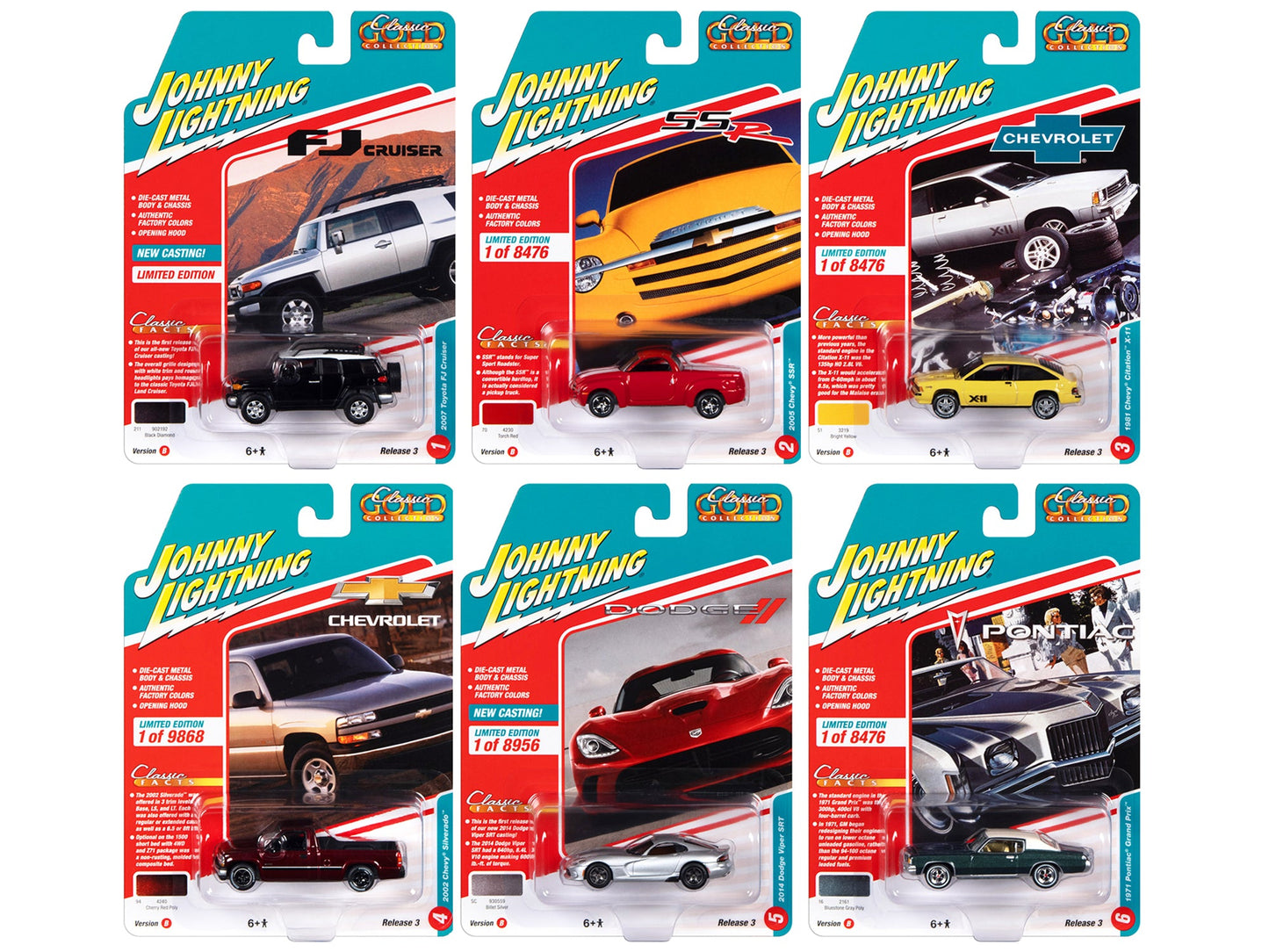 "Classic Gold Collection" 2022 Set B of 6 Cars Release 3 1/64 Diecast Model Cars by Johnny Lightning  free shipping USA