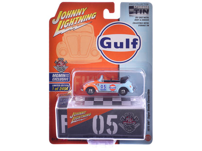 1975 Volkswagen Super Beetle Convertible #05 "Gulf Oil" Light Blue and Orange "MGMinis Exclusive" Series Limited Edition to 2496 pieces Worldwide 1/64 Diecast Model Car by Johnny Lightning  free shipping USA