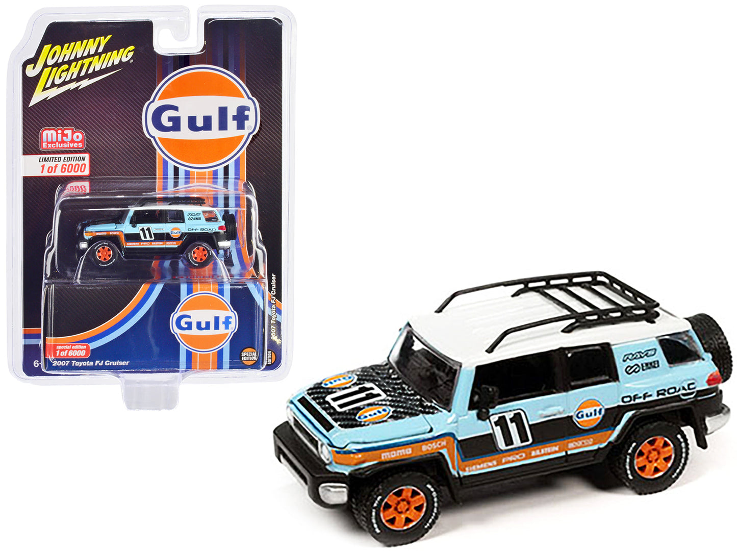 2007 Toyota FJ Cruiser #11 Light Blue "Gulf Oil" with Roofrack Limited Edition to 6000 pieces Worldwide 1/64 Diecast Model Car by Johnny Lightning  free shipping USA