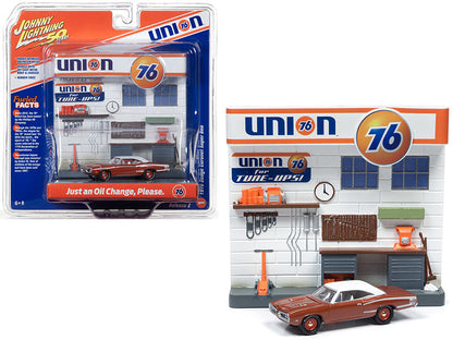 1970 Dodge Coronet Super Bee Brown with White Top and "Union 76" Interior Service Gas Station Facade Diorama Set "Johnny Lightning 50th Anniversary" 1/64 Diecast Model Car by Johnny Lightning  free shipping USA