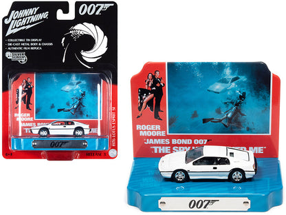 1976 Lotus Esprit S1 White with Collectible Tin Display "007" (James Bond) "The Spy Who Loved Me" (1977) Movie (10th in the James Bond Series) 1/64 Diecast Model Car by Johnny Lightning  free shipping USA