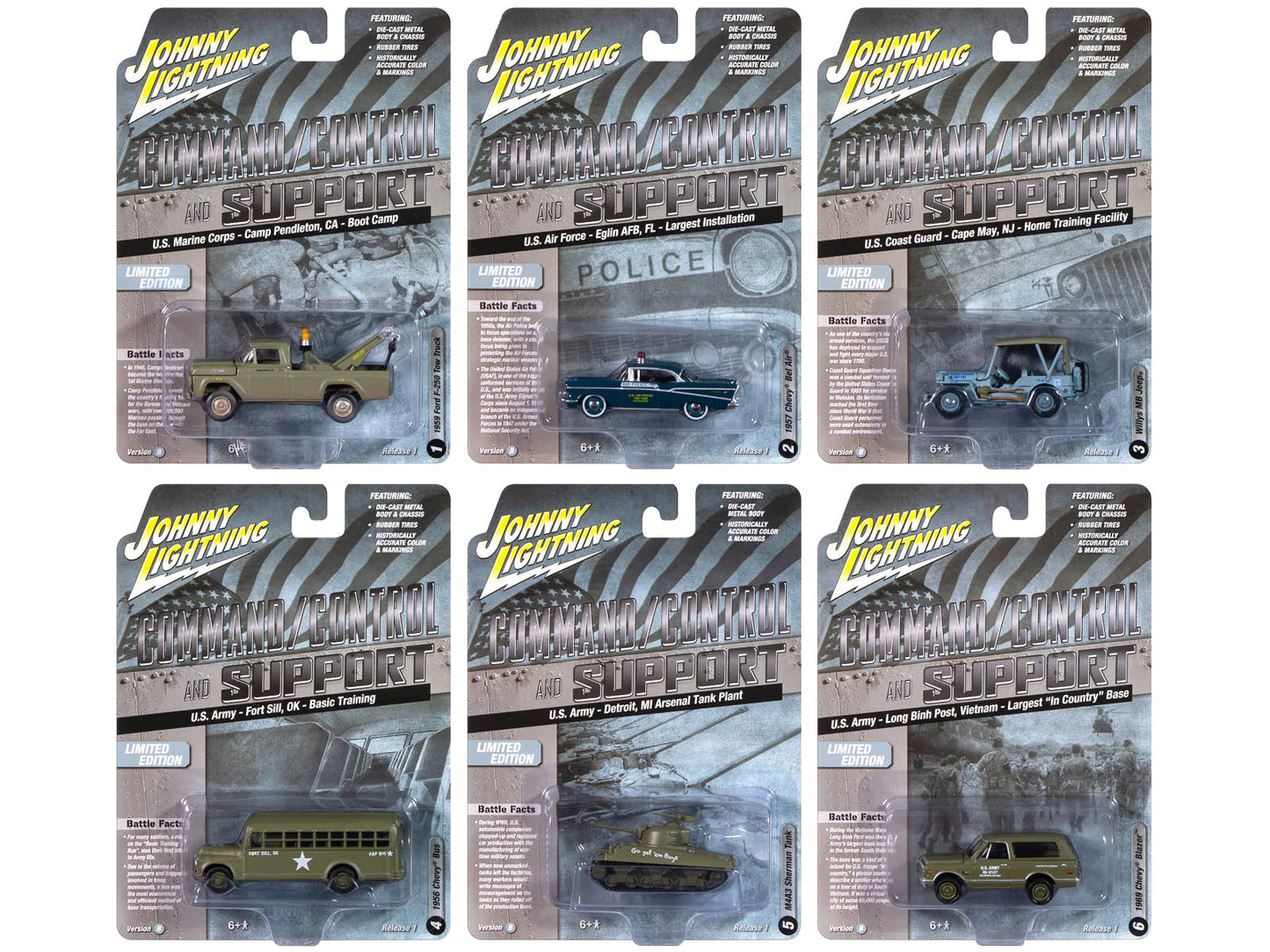 "Military" Set B of 6 pieces 2024 Release 2 Limited Edition Diecast Models by Johnny Lightning  free shipping USA
