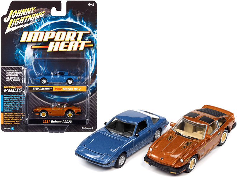 1982 Mazda RX-7 Blue Metallic and 1981 Datsun 280ZX Orange Mist Metallic "Import Heat" Set of 2 Cars 1/64 Diecast Model Cars by Johnny Lightning  free shipping USA