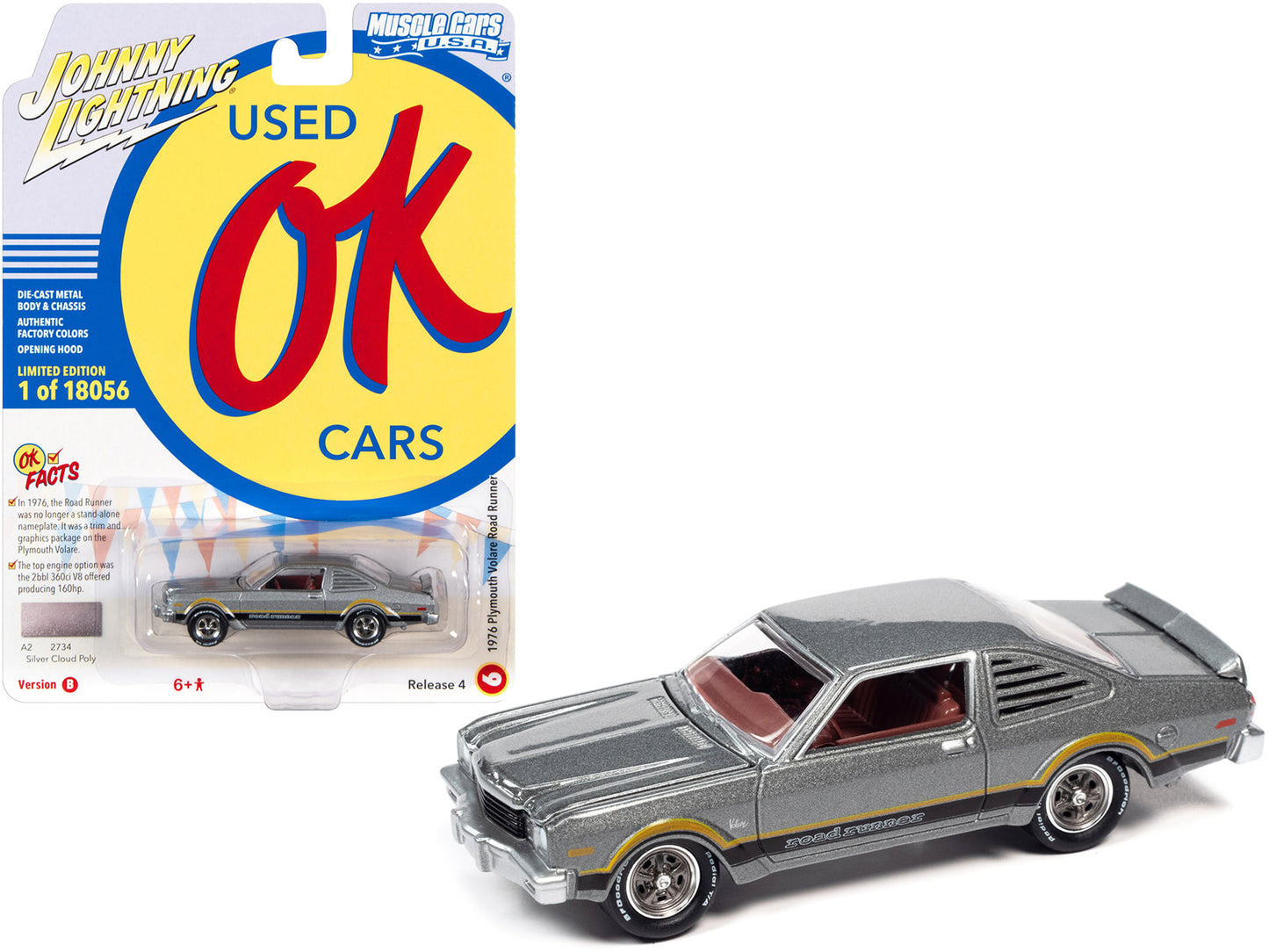 1976 Plymouth Volare Road Runner Silver Cloud Metallic with Stripes "OK Used Cars" Series Limited Edition to 18056 pieces Worldwide 1/64 Diecast Model Car by Johnny Lightning  free shipping USA