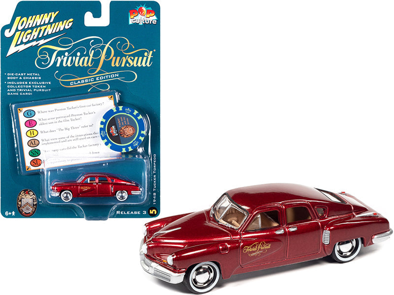 1948 Tucker Torpedo Red Maroon Metallic "Tucker: The Man and His Dream" (1988) Movie with Poker Chip (Collector Token) and Game Card "Trivial Pursuit" "Pop Culture" Series 3 1/64 Diecast Model Car by Johnny Lightning  free shipping USA