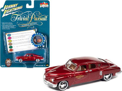 1948 Tucker Torpedo Red Maroon Metallic "Tucker: The Man and His Dream" (1988) Movie with Poker Chip (Collector Token) and Game Card "Trivial Pursuit" "Pop Culture" Series 3 1/64 Diecast Model Car by Johnny Lightning  free shipping USA