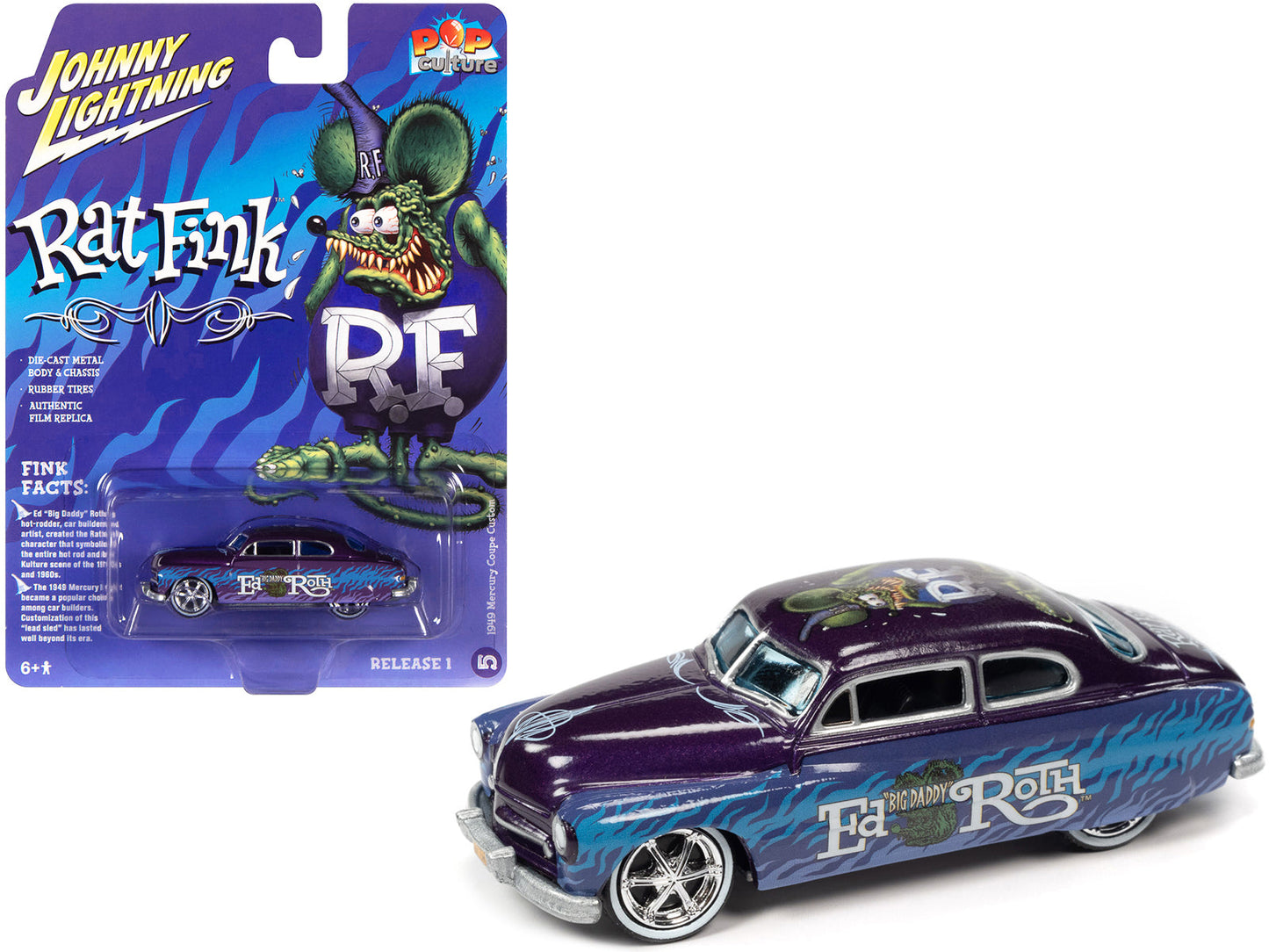 1949 Mercury Coupe Custom Purple Metallic with Graphics "Rat Fink" "Pop Culture" 2022 Release 1 1/64 Diecast Model Car by Johnny Lightning  free shipping USA